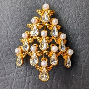 BW Faux Pearl & Crystal Angel Christmas Tree Pin Brooch Vintage